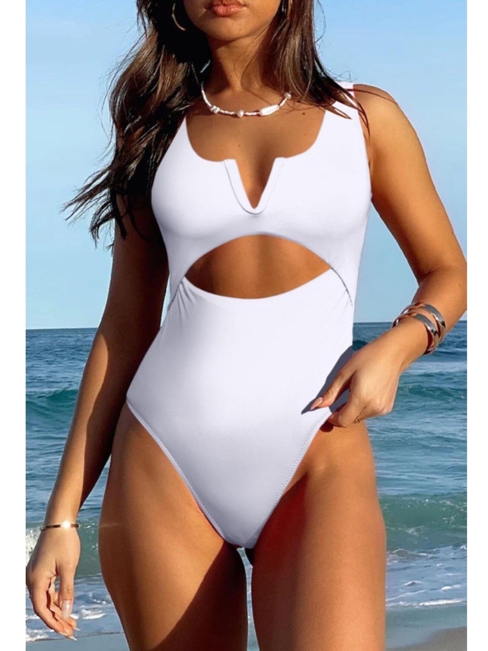 Cutout V-Notch White One-Piece Swimsuit